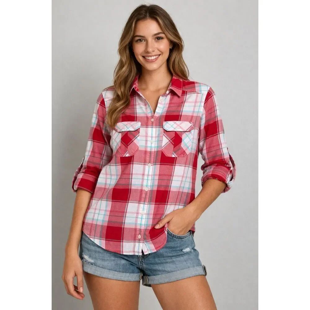 Express Plaid Button Up Shirt Womens XS Red Pink Cotton Casual